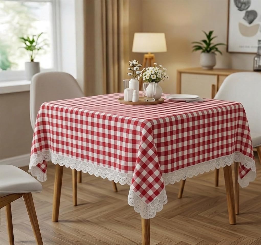 COZY FURNISH Pure Cotton Table Cloth 60 x 45 Inch for 4 to 6 Seater Dining Table Pack of 2 | Red Gingham Checkered Table Cover with Lace Border | Rectangular Tablecloth for Kitchen, Dining Room-image-12