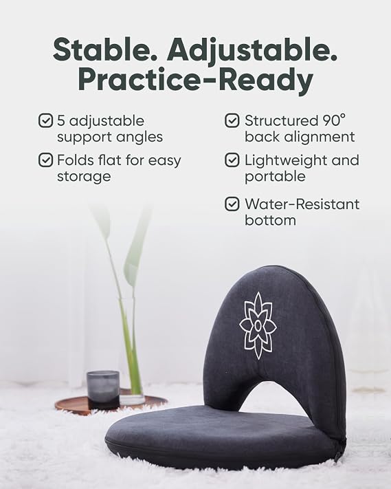 Mindful Modern Meditation Chair | Adjustable Floor Chair with Back Support | Padded Floor Seat for Posture Support and Comfort | Portable Folds Flat for Storage | Indoor/Outdoor Use | Stone Black