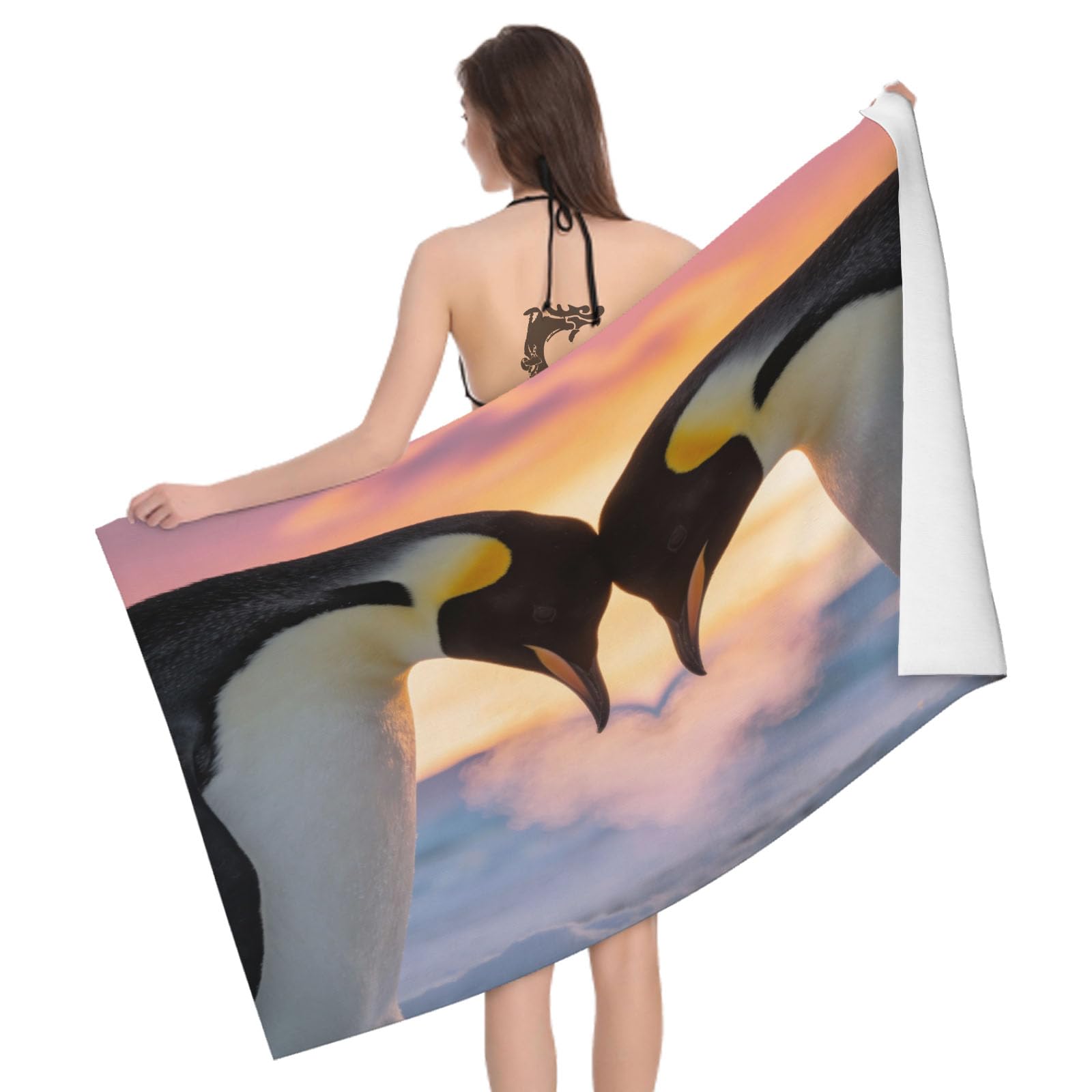 Leichong 3D Emperor Penguin Beach Towel Large Microfiber Soft Quick Dry for Adults, Love Bath Towel Lightweight Soft Absorbent for Travel Swimming Pool Sports, 180 x 90 cm