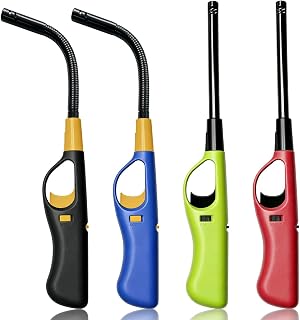 4 Pack Butane Candle Lighters Refillable Long Lighters for Candle Grill BBQ | WITHOUT FUEL, Straight flexible tube combo, Visible fuel tank, One click to ignite, Multi functional, Safety Lock, Adjustable