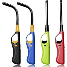 4 Pack Butane Candle Lighters Refillable Long Lighters for Candle Grill BBQ | WITHOUT FUEL, Straight flexible tube combo, Visible fuel tank, One click to ignite, Multi functional, Safety Lock, Adjustable