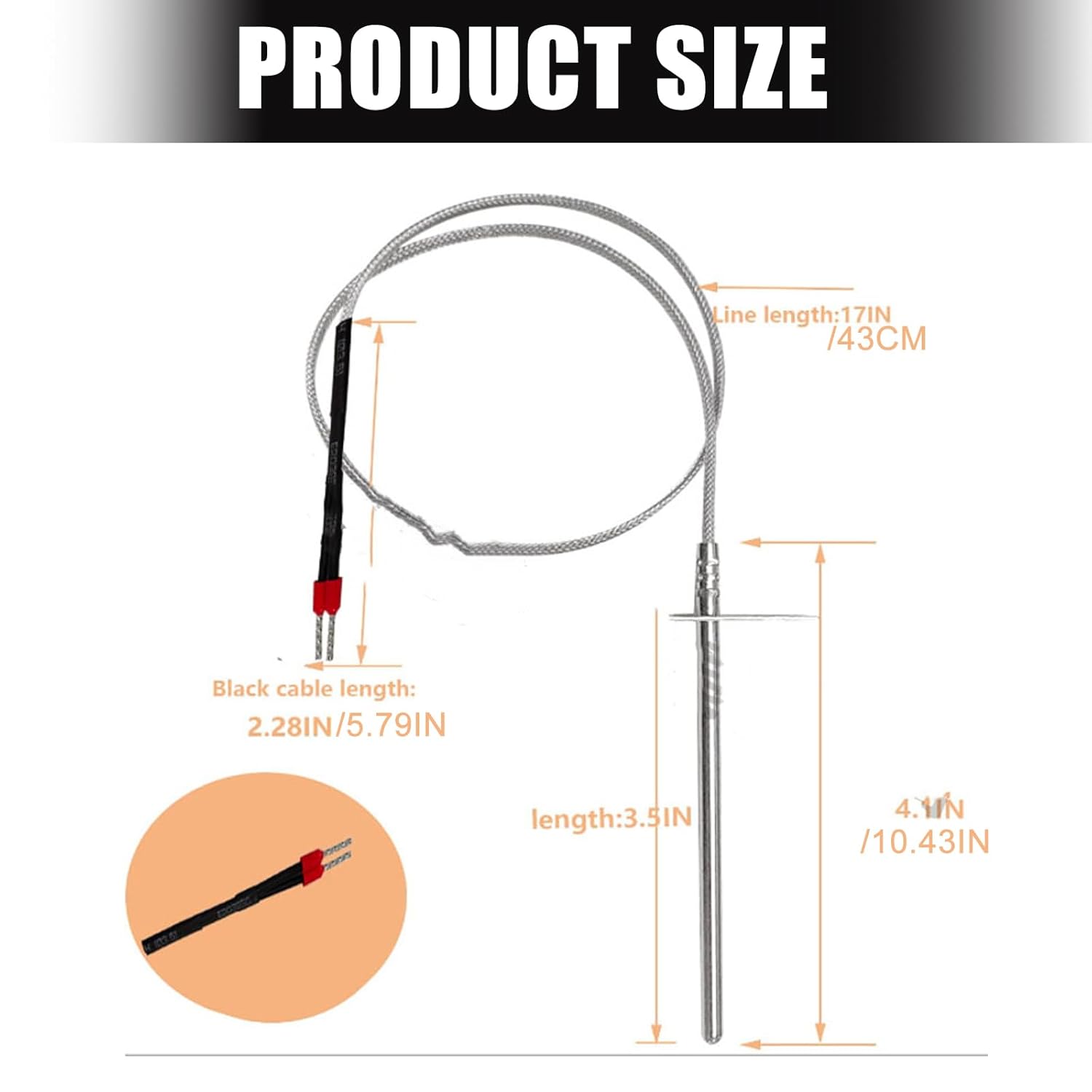 BBQ Temp Probe with 20-Inch Stainless Cable & Digital Gauge for Sphere Smokers (0-450℃) Control Board Transducer