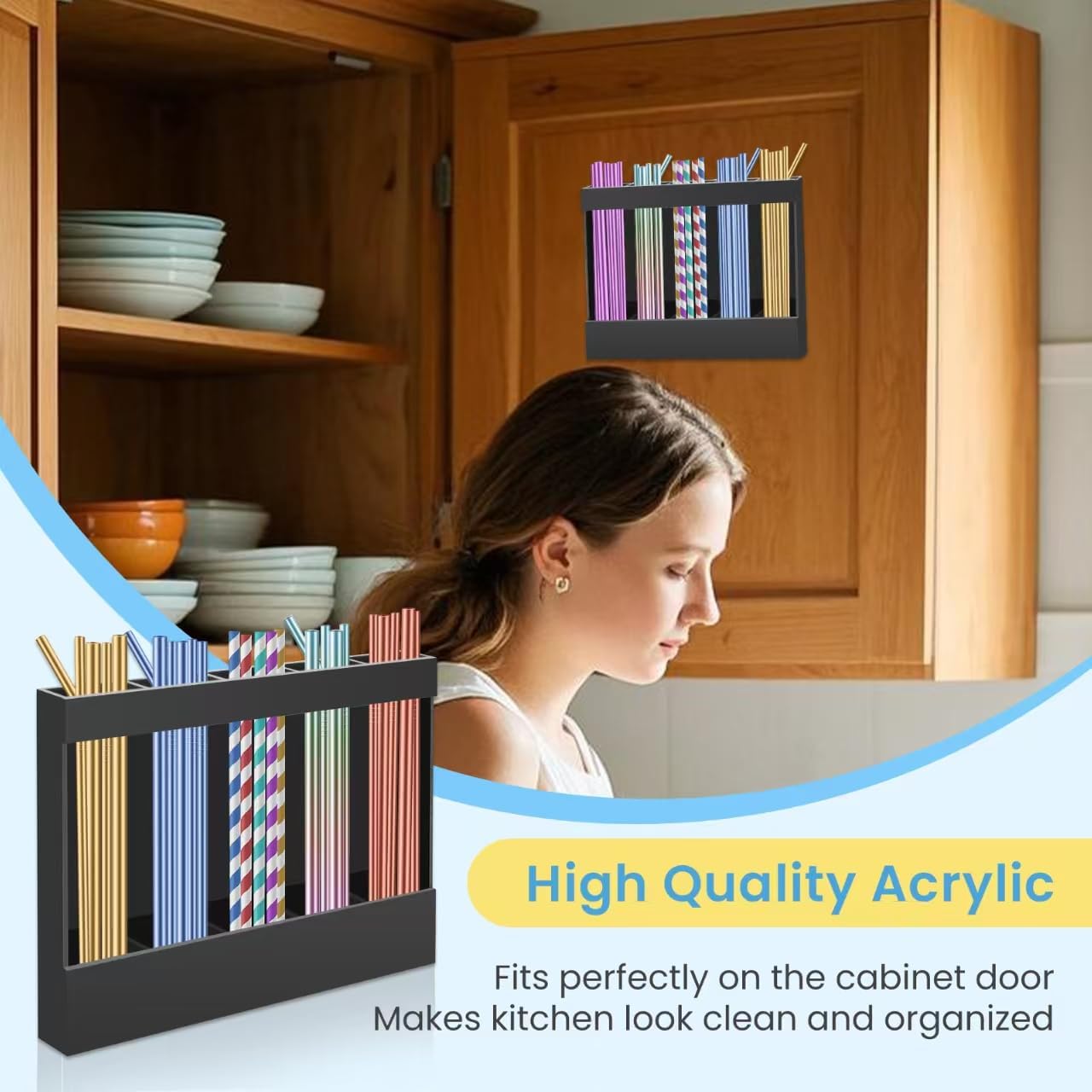 Acrylic Straw Holder for Cabinet, Reusable Straw Organizer with Double Sided Adhesive Tape Tumbler Straws Storage Container for Cupboard Drinking Straws Dispenser for Kitchen Counter (Black) - Image 2