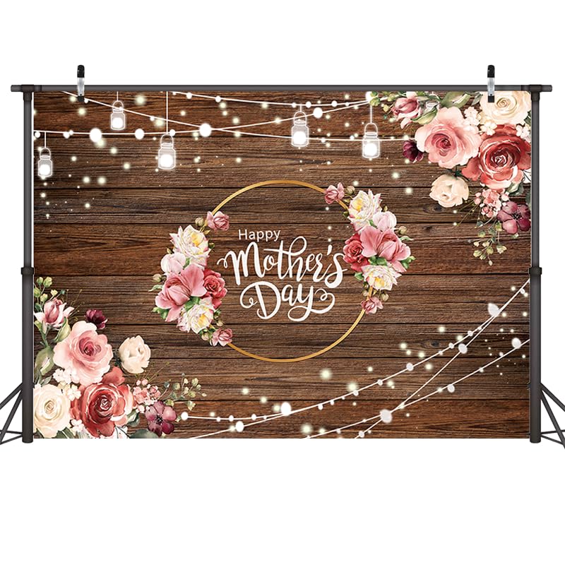 Dudaacvt 10x8ft Mother's Day Backdrop Mother's Day Brown Wooden Plank Backdrop Mother's Day Floral Photography Background Mother's Day Party Backdrop
