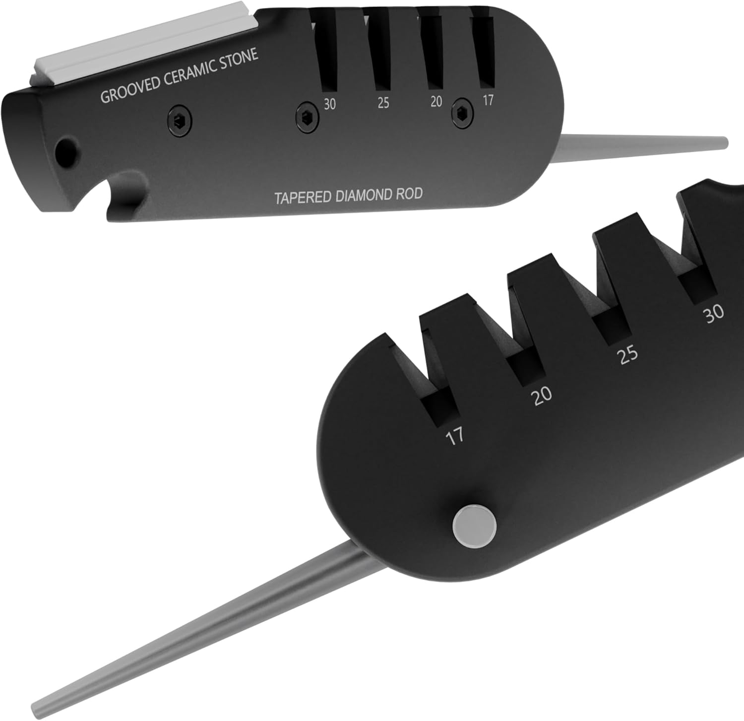 Off-Grid Knives - QuadEdge Knife Sharpener with 4 Angles: 17° | 20° | 25° | 30°, Diamond Rod, Fishing Hook Sharpener, Ceramic Honing Stone – Camping, Fishing, Hunting, Boating (Black)