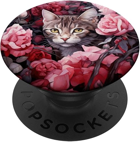 Havanna Brown Cat Hiding Between Roses and Flowers PopSockets Standard PopGrip