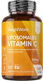 WeightWorld Liposomal Vitamin C - 1000 mg Vit C, 180 vegane Kapseln | 100,2mg Sonnenblumenphospholipide & 30mg Hagebutte, Vitamin C trägt zur Verringerung von Müdigkeit und Erschöpfung bei (EFSA)