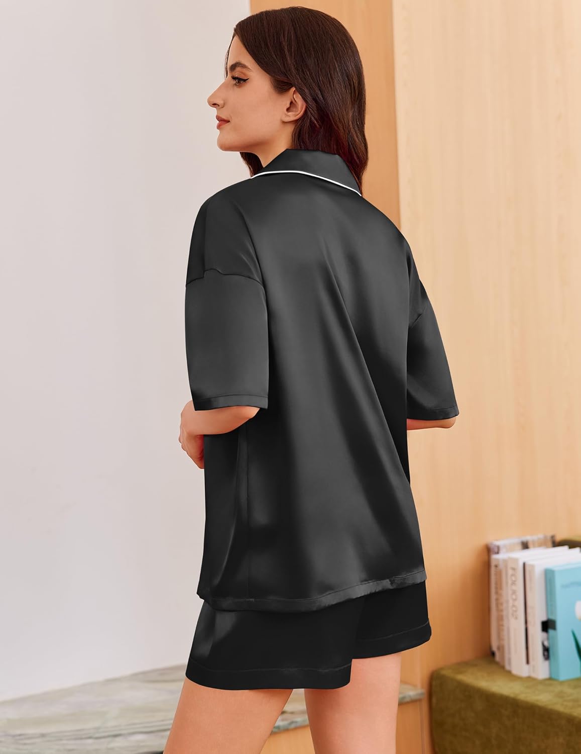 Ekouaer Womens Silk Satin Pajama Set, 2 Piece Heart Embroidery Short Sleeve Button Down Pjs Set for Bridal Party - Image 5