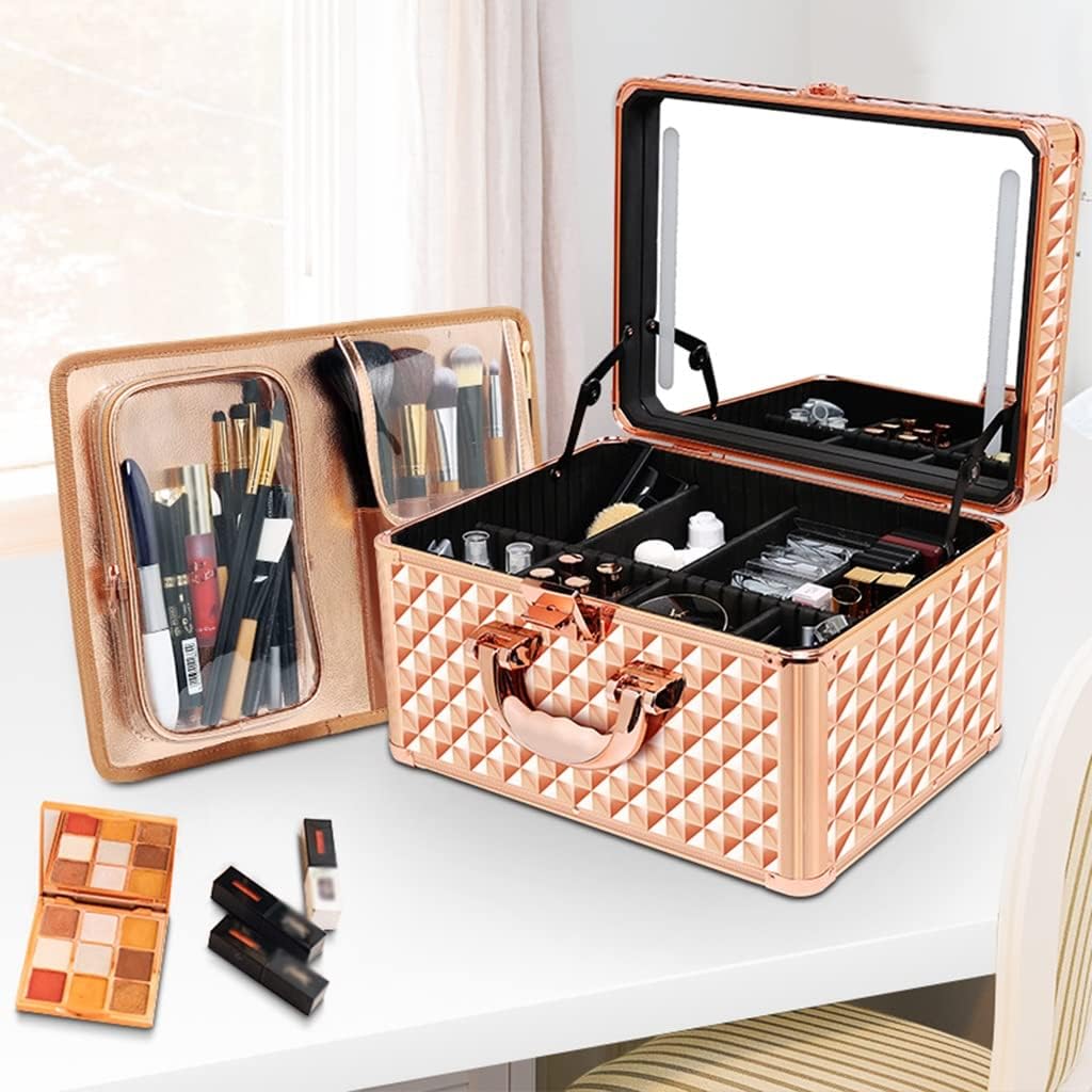makeup box Portable Makeup Box,14-inch cosmetic storage box, Suitable for makeup artists/long trips,can be hand-held/hangable luggage box hanging rod ( Color : Rose gold , Size : 36*16.3*27.6c
