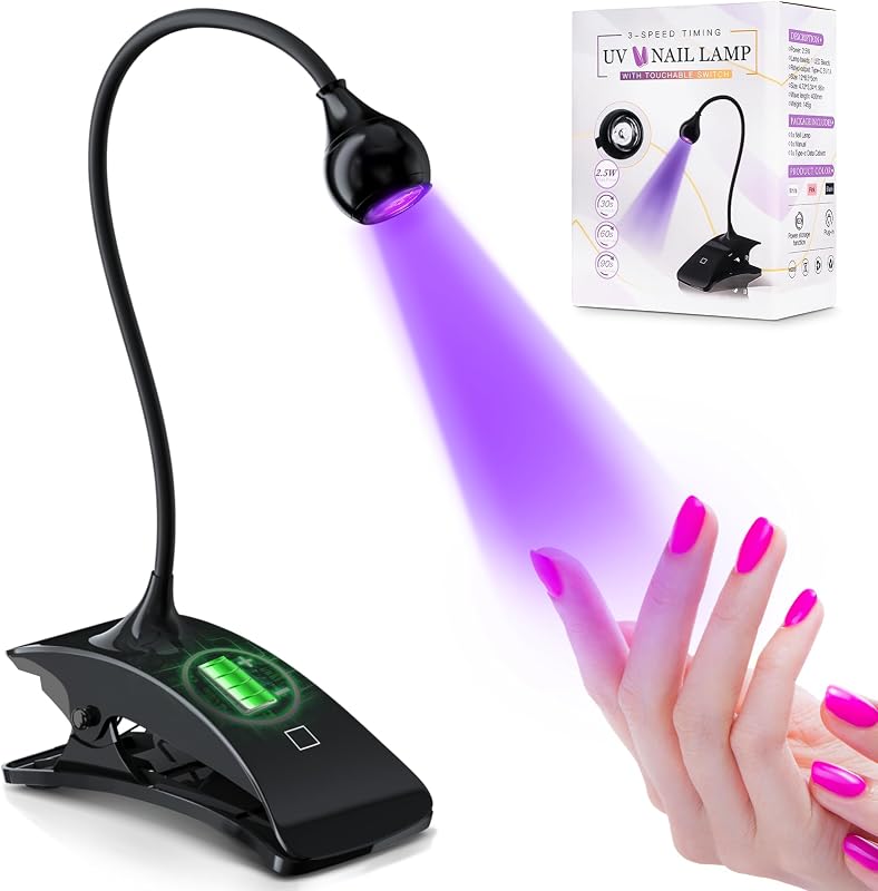 Lámpara de uñas UV, luz UV recargable de cuello de cisne para uñas de gel | Lámpara de curado por flash, secador de uñas con abrazadera, luz de gel LED portátil, sincronización de 3 niveles, salón de manicura profesional para el hogar, color negro