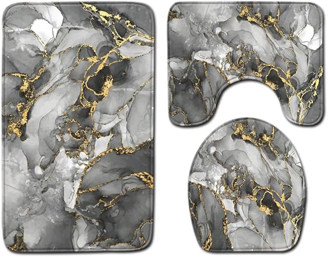 ARLTTH Gold Black Marble Texture Bath Mats Set 3 piecesNon Slip Bathroom Rug & U Shaped Contour Rug & Toilet Lid Cover for Bathroom Tub Shower Soft Absorbent Water Washable (Type 3, 50X80CM)