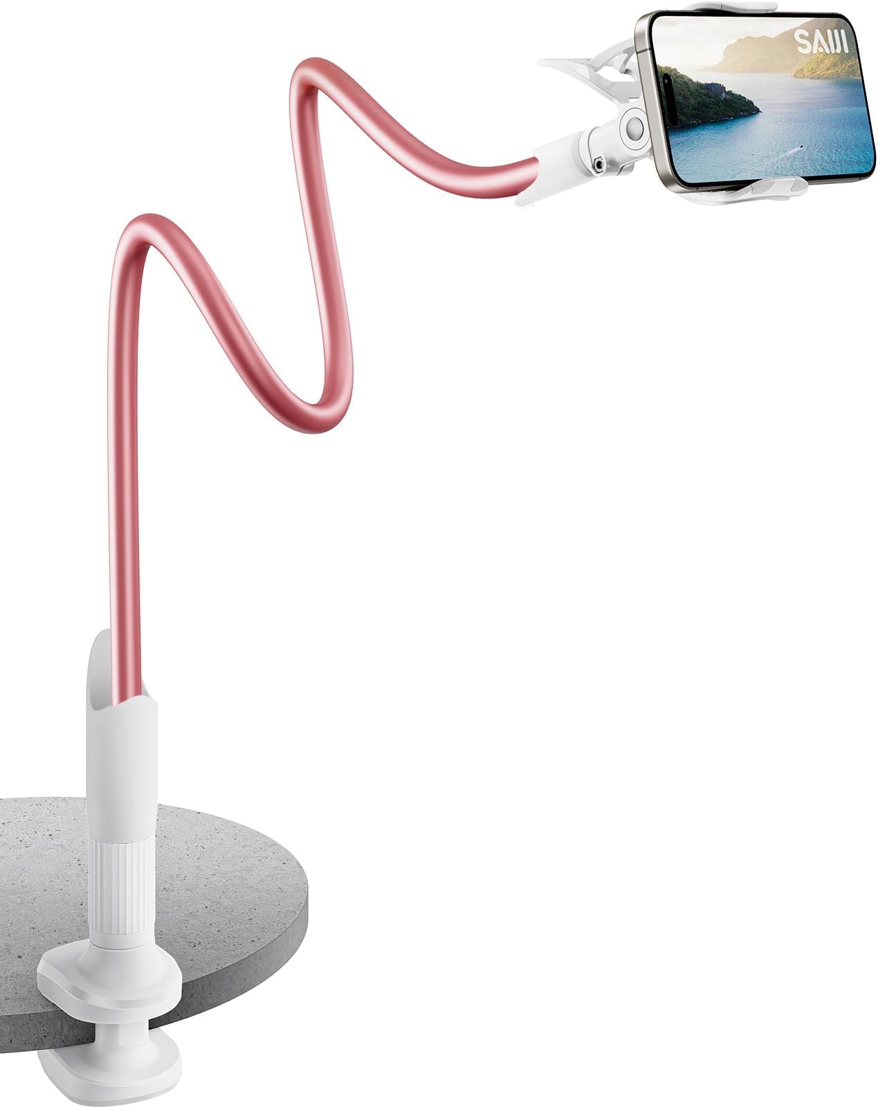 SAIJI Gooseneck Cell Phone Stand, Universal Clamp Lazy Mount Clip Hands Free Flexible Long Arm Bracket Grip for 4.0-6.3 Phones Mobile Stand Baby Monitor for Desk, Bed, Office, Kitchen (Rose Gold)