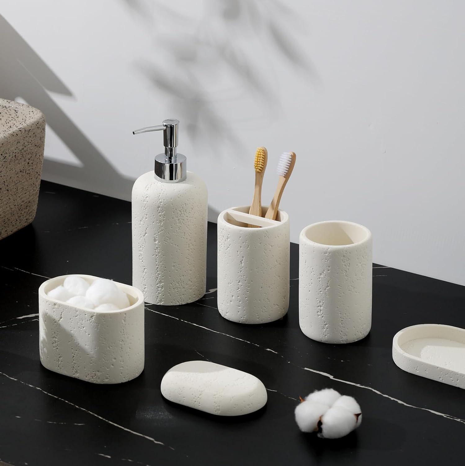 Bathroom Accessories Set, 5PCS Modern Bathroom Accessory Set with Soap Dispenser, Mouthwash Cup & Toothbrush Holder, Qtip Holder, Tray - Image 2