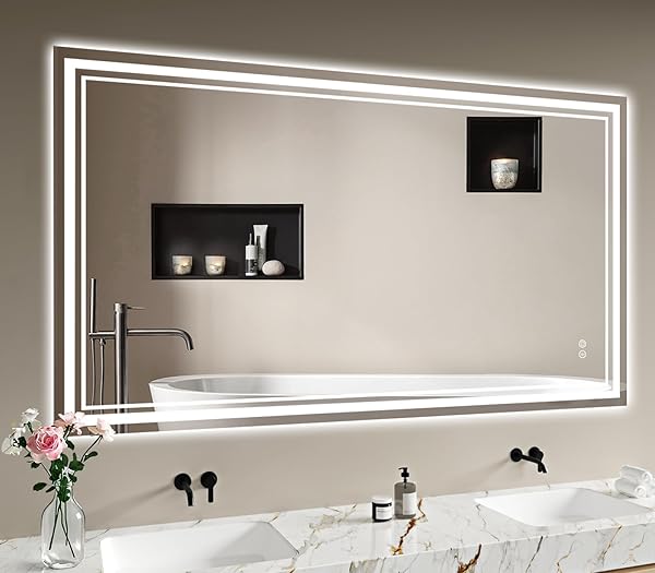 Badspiegel-mit-Beleuchtung 140x70cm - Badezimmerspiegel LED Badezimmer Spiegel mit Beleuchtung Beschlagfrei, Touch-Schalter, Dimmbar, 3 Lichtfarben, Wandspiegel Led-Spiegel-Bad Horizontal/Vertikal
