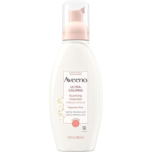 Aveeno Ultra-Calming Foaming Cleanser & Makeup Remover Facial Cleanser with Calming Feverfew, Face Wash for Dry & Sensitive Skin, Hypoallergenic, Fragrance-Free & Non-Comedogenic, Unscented, 6 Fl Oz