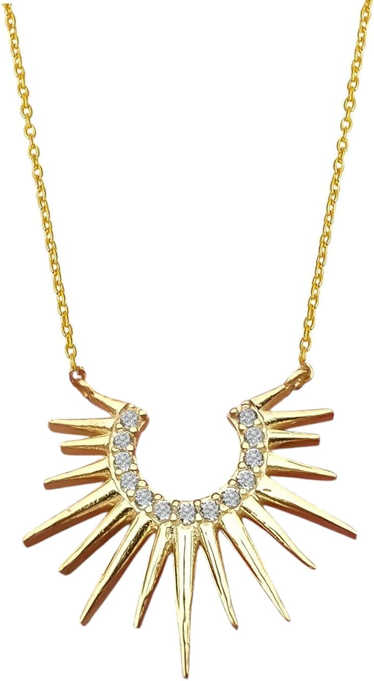 14k Solid Gold Sunburst Necklace,18k Dainty Half Sun Charm Necklace For Her, Sunshine 10k Real Gold Pendant For Mom, Sunrise Jewelry For Christmas Gift