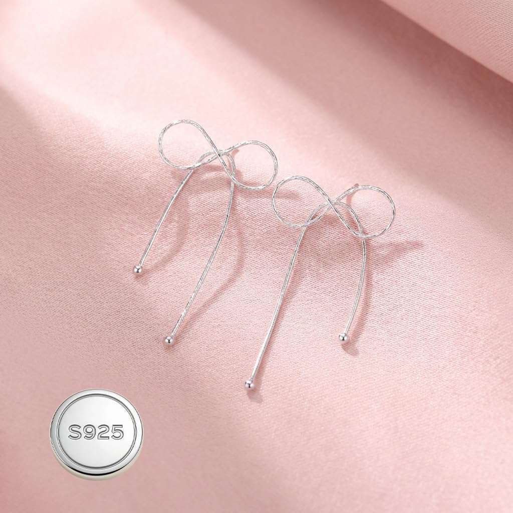Reffeer Solid 925 Sterling Silver Bow Drop Earrings Dangle for Women Girls Bowknot Dangle Earrings Studs - Image 5