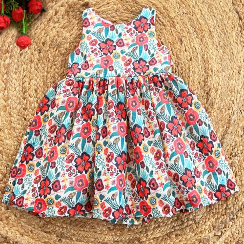 Image of Stanwells Kids Dress for Girls Heart Embroidery Pattern Knee Length Applique Kerala Ethnic Cotton Frock for Baby Girls Zipper Cap Sleeve Dress for Girls Cream & Red (6 Months - 7 Years)