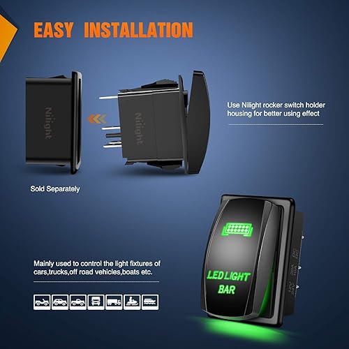 Miniatura 8 de Nilight Barra de luz LED con interruptor de 5 pines; ON/OFF con grabado laser; Luz LED 20 A / 12 V 10 A / 24 V; Cables de acoplamiento del Verde