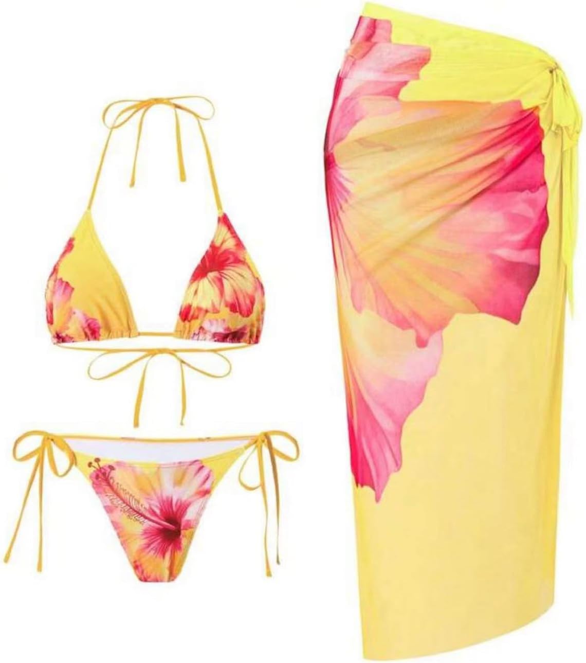 3 Piece Swimsuit for Women Floral Halter Triangle String Bikini Tie Side Bottom with Boho Cover Up Skirt
