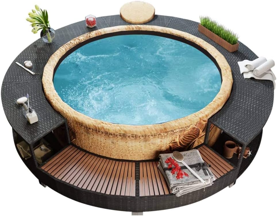 INLIFE Round Spa Surround Poly Rattan Outdoor Massage Hot Tub Frame with Solid Acacia Wood Steps and Stoarge Compartment for Outdoor,Garden,Backyard,Patio Black 111.4"x 111.4"x 21.7"(LxWxH)