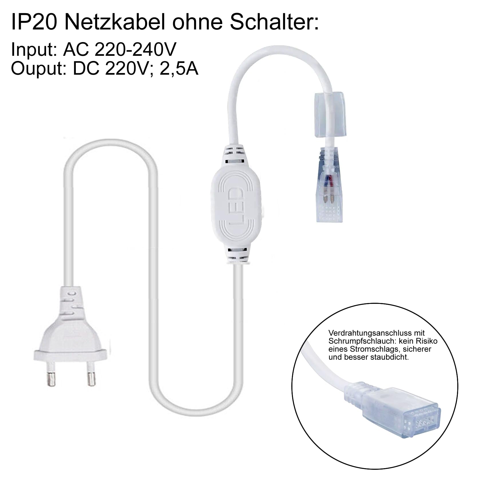 Taśma LED COB Strip (możliwość podziału wszystkich 10 cm) + przewód zasilający IP20 z wtyczką Euro. (neutralna biel, 240 LED/M, bez przełącznika, 10 metrów)