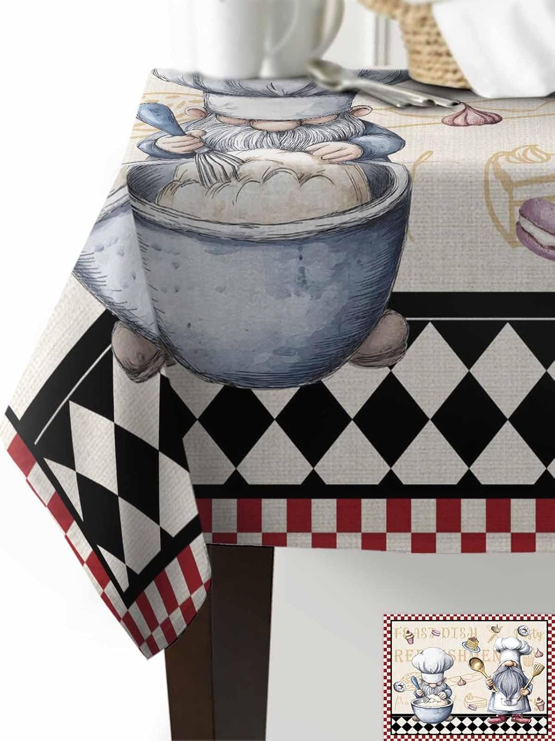 Rectangle Tablecloth Waterproof & Stainproof Tablecloths,Chef Gnomes Washable Table Cloth Wrinkle-Free Fabric Table Cover Fat Chef Kitchen Decor and Accessories Checkered Black White Red Plaid