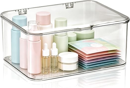 Cyrank Clear Stackable Storage Bins with Lids, Plastic Refrigerator Organizer Bins Small Makeup Organizer Box Cosmetic Storage Containers for Bathroom, Cabinet, Kitchen Organization