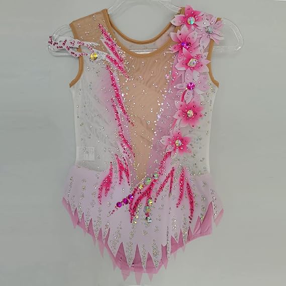 LIUHUO Rhythmic Gymnastics Leotards Pink Three-dimensional Artificial Flower Girl Competition Performance