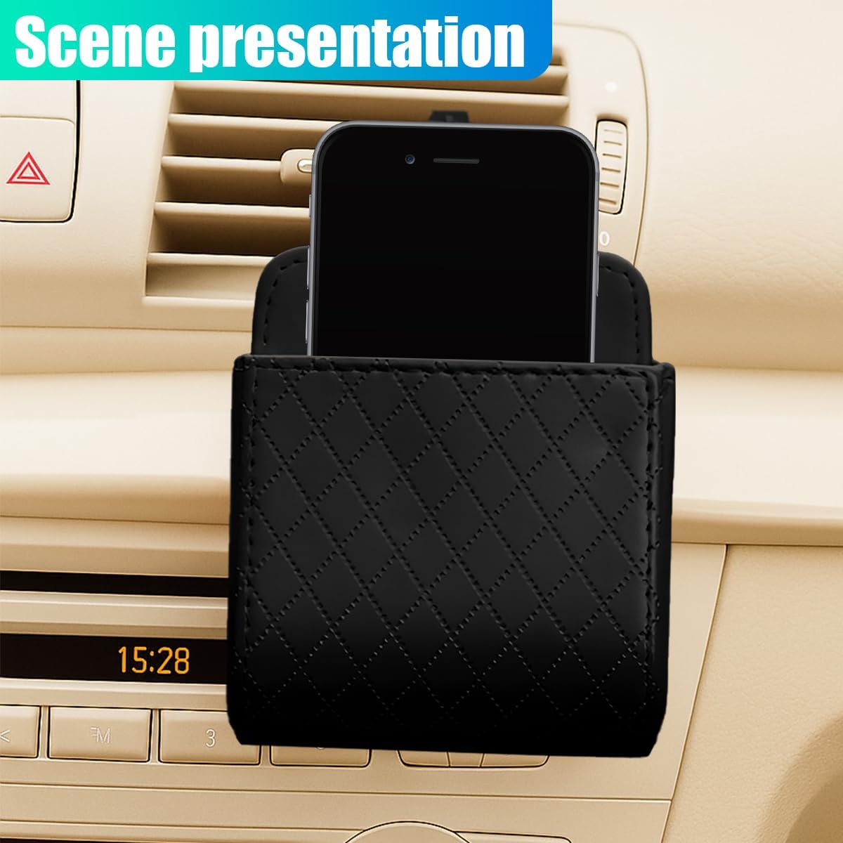 YoRise Car Air Vent Storage Bag, PU Leather Auto Hanging Storage Pouch with Hook, Portable Car Console Organizer, Vehicle Dashboard Organizer Accessories for Key, Cell Phone, Coin, Sunglasses (Black)