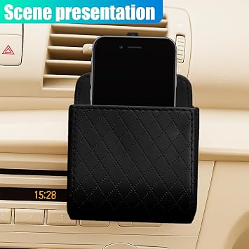 YoRise Car Air Vent Storage Bag, PU Leather Auto Hanging Storage Pouch with Hook, Portable Car Console Organizer, Vehicle Dashboard Organizer Accessories for Key, Cell Phone, Coin, Sunglasses (Black)