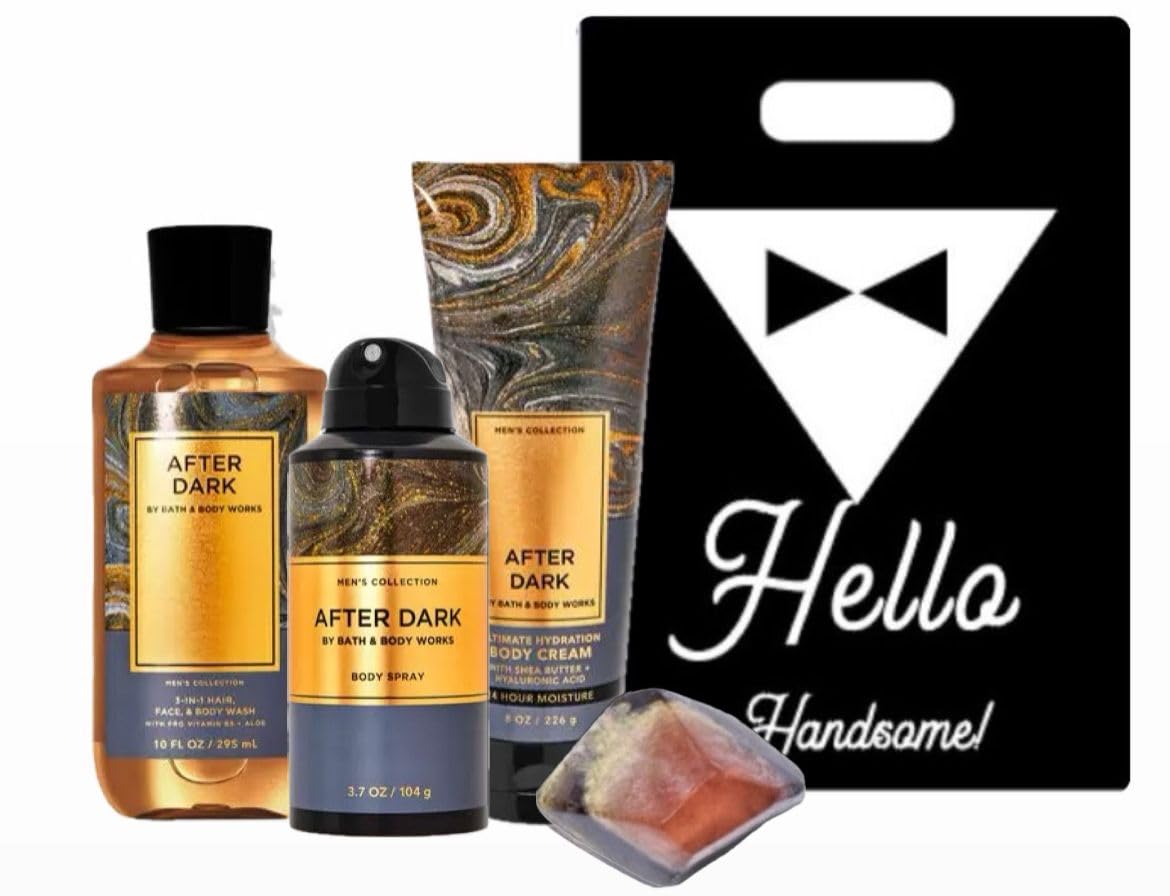 White Barn - Bath & Body Works - Men's Collection - 3 Piece Bundle - Spray - Body Cream - Shower Gel and Diamond Soap Soap (After Dark), Beige