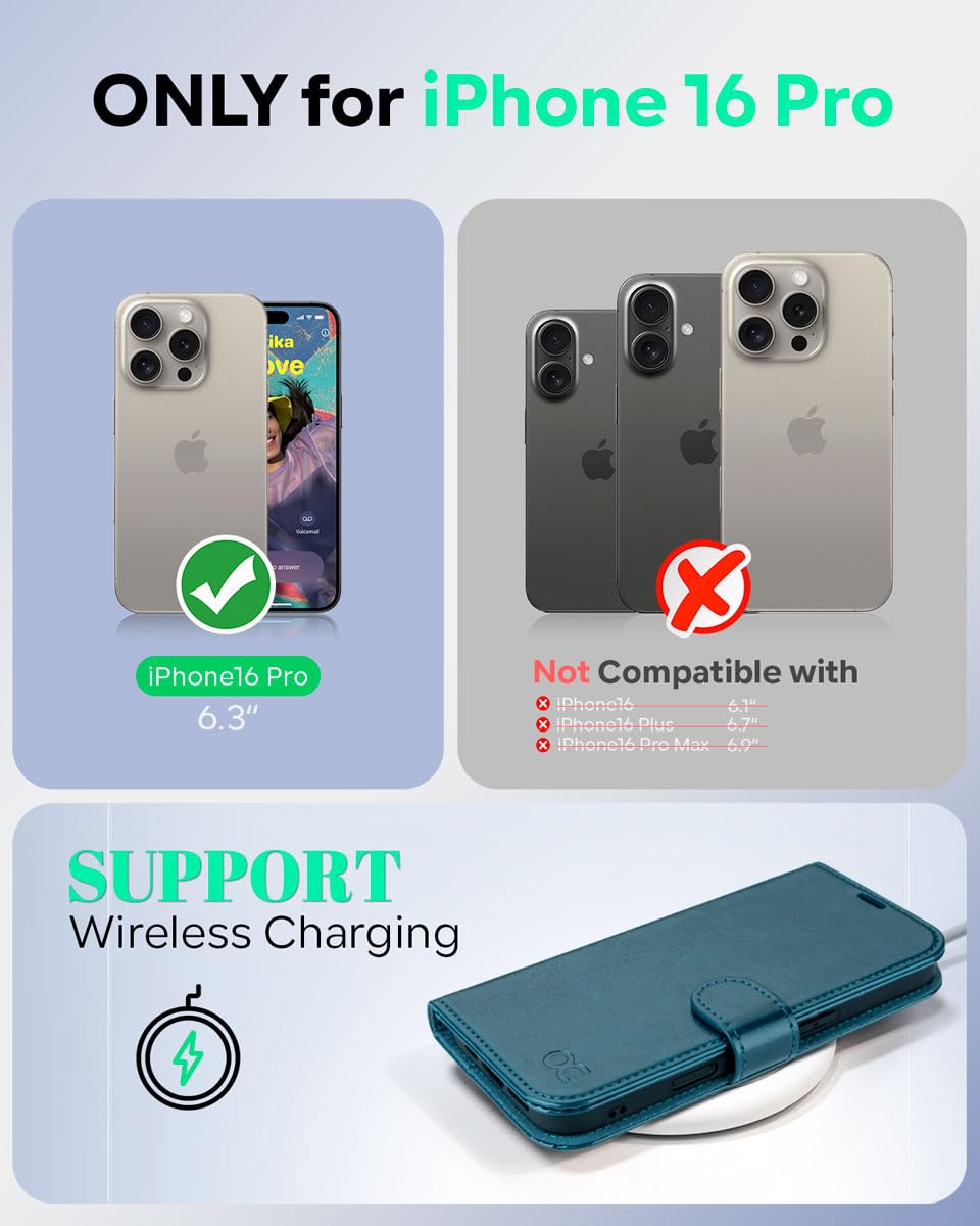 OCASE for iPhone 16 Pro Case, PU Leather Wallet, Magnetic Flip Folio Cover with RFID Blocking, Card Holders, Shockproof TPU - Image 2