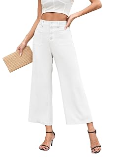 Famulily Womens Linen Pants for Summer Button Down Wide Leg Cropped Pants Casual Capri Pants with Pockets