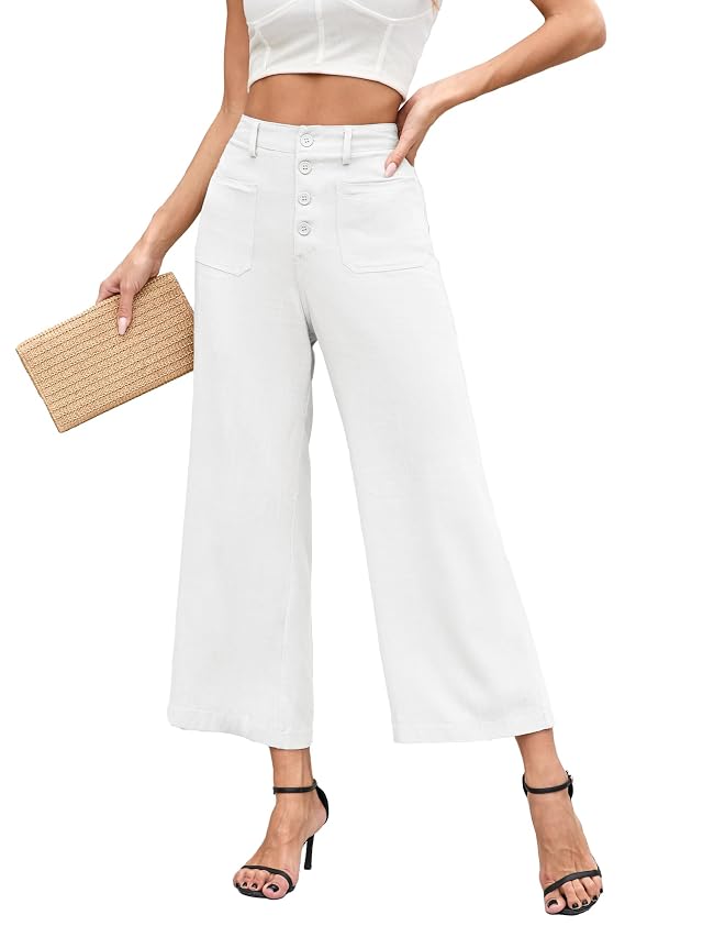 Famulily Womens Linen Pants for Summer Button Down Wide Leg Cropped Pants Casual Capri Pants with Pockets