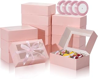 COTOPHER 50Pcs Cookie Boxes with Ribbons, 9x6x3 Inch Pink Bakery Boxes