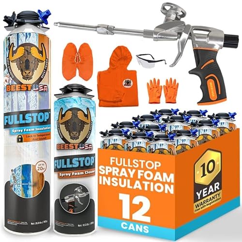 BEEST FullStop Spray Foam Insulation Kit for Walls and Attic - 240 Board ft/sq.ft. Perfect Heat & Acoustic Insulation for Reduced Energy Bills - 12x Spray Foam Can, 1 Cleaner, Pro X Gun & Safety Gear