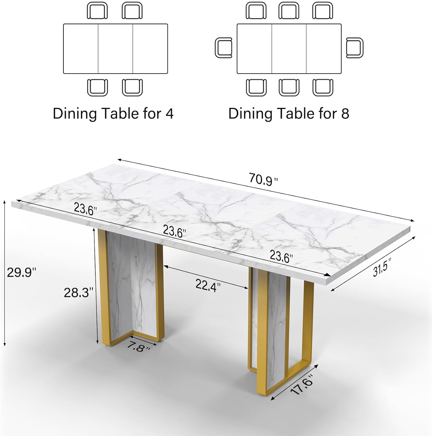 Bigbiglife 71 inch Dining Table for 6-8, Farmhouse Kitchen Table with Large Tabletop, Rectangular Dinner Eating Table W/Thickness Waterproof Wood Tabletop & Foot Pad, for Kitchen, Dining Room, White