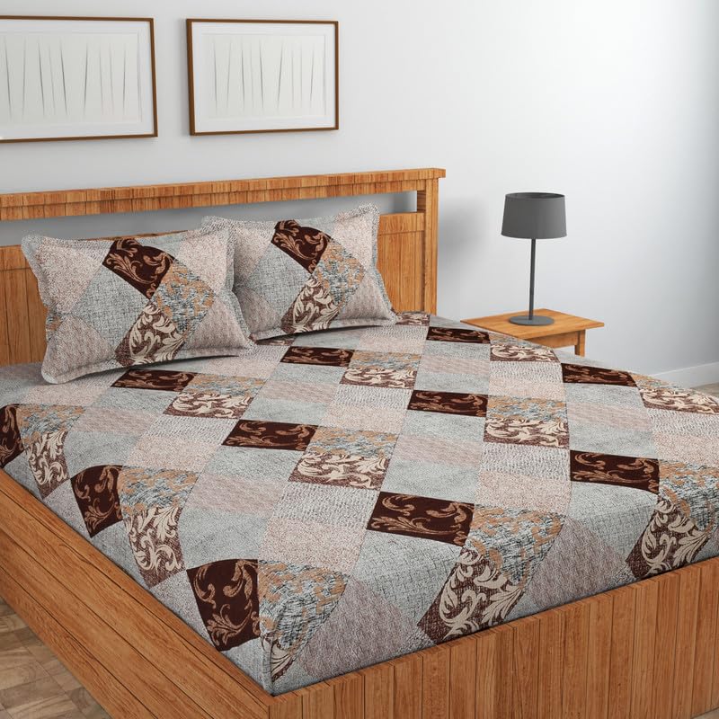 Image of NEW LEAF Cotton Fitted King Size Bedsheets with 2 Pillow Covers | Elastic Fitted | Wrinklefree | Ultrasoft |Winter Bedsheet 220 tc tc Floral | 710x72+10 Inches, Beige Brown
