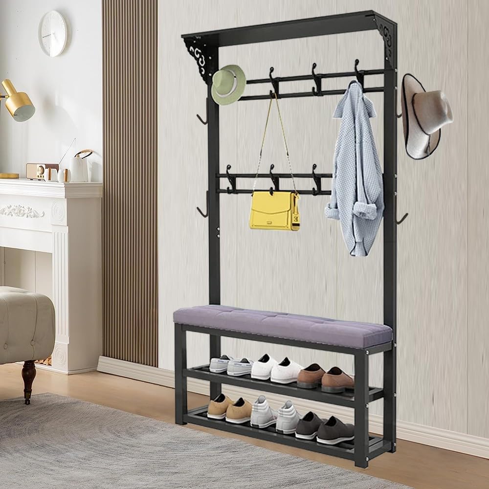 MSHGSKU Coat Rack with Shoe Bench and Hooks - Free Standing Hall Tree with Shoe Storage Bench, Max Load - Entryway, Hallway, Living Room, Bedroom Organizing Solution