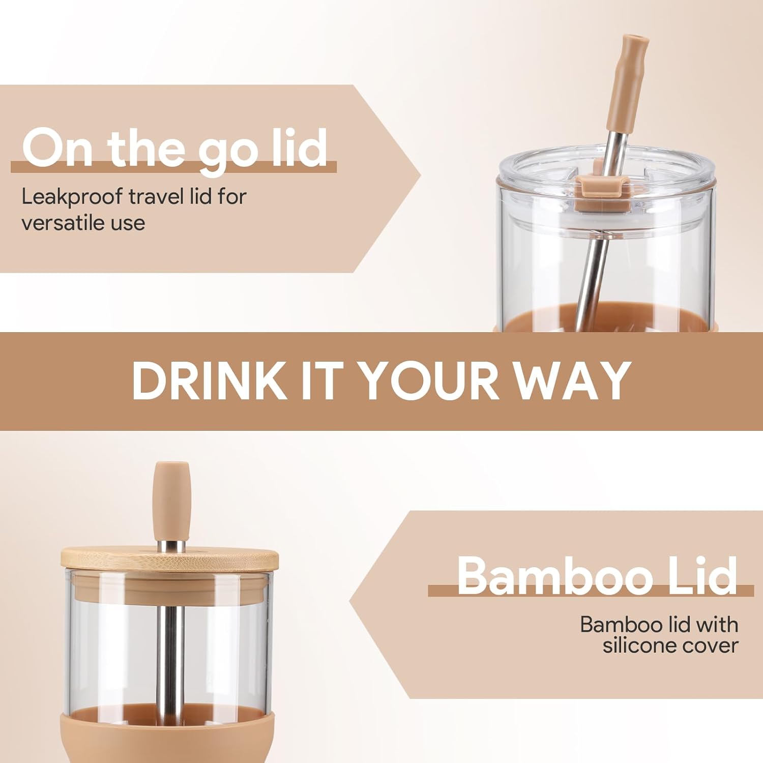 Glass Tumbler with Lids and Straws, 20 oz Iced Coffee Cup and Smoothie Cup with Bamboo Lid and On the go Lid,Glass Cups With Straws - Image 4