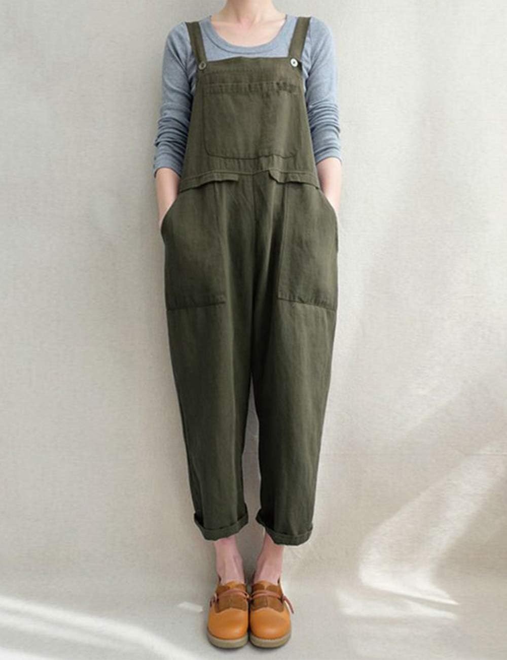 Women's Baggy Linen Overalls Jumpsuit Loose Rompers Wide Leg Casual Pants with Pockets - Image 2