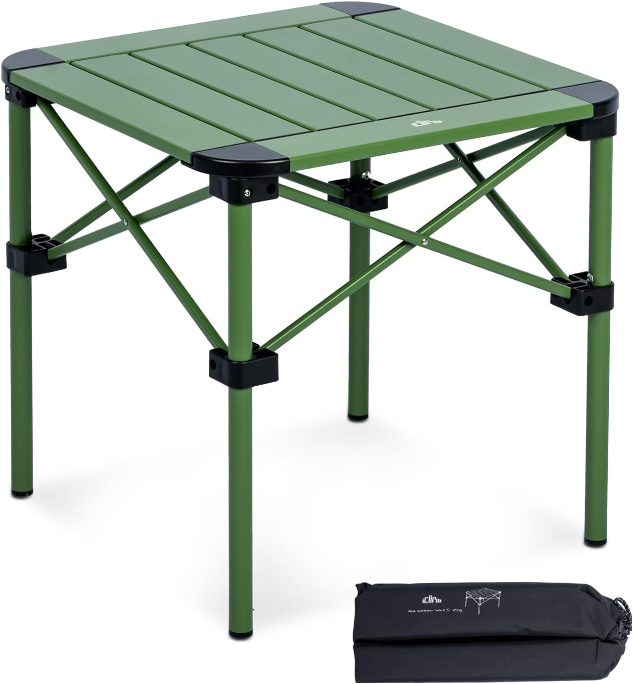 iClimb Lightweight Stable Alu. Folding Square Table Roll Up Top with Carry Bag for Camping Picnic Backyards BBQ Camp Kitchen (Green, S)