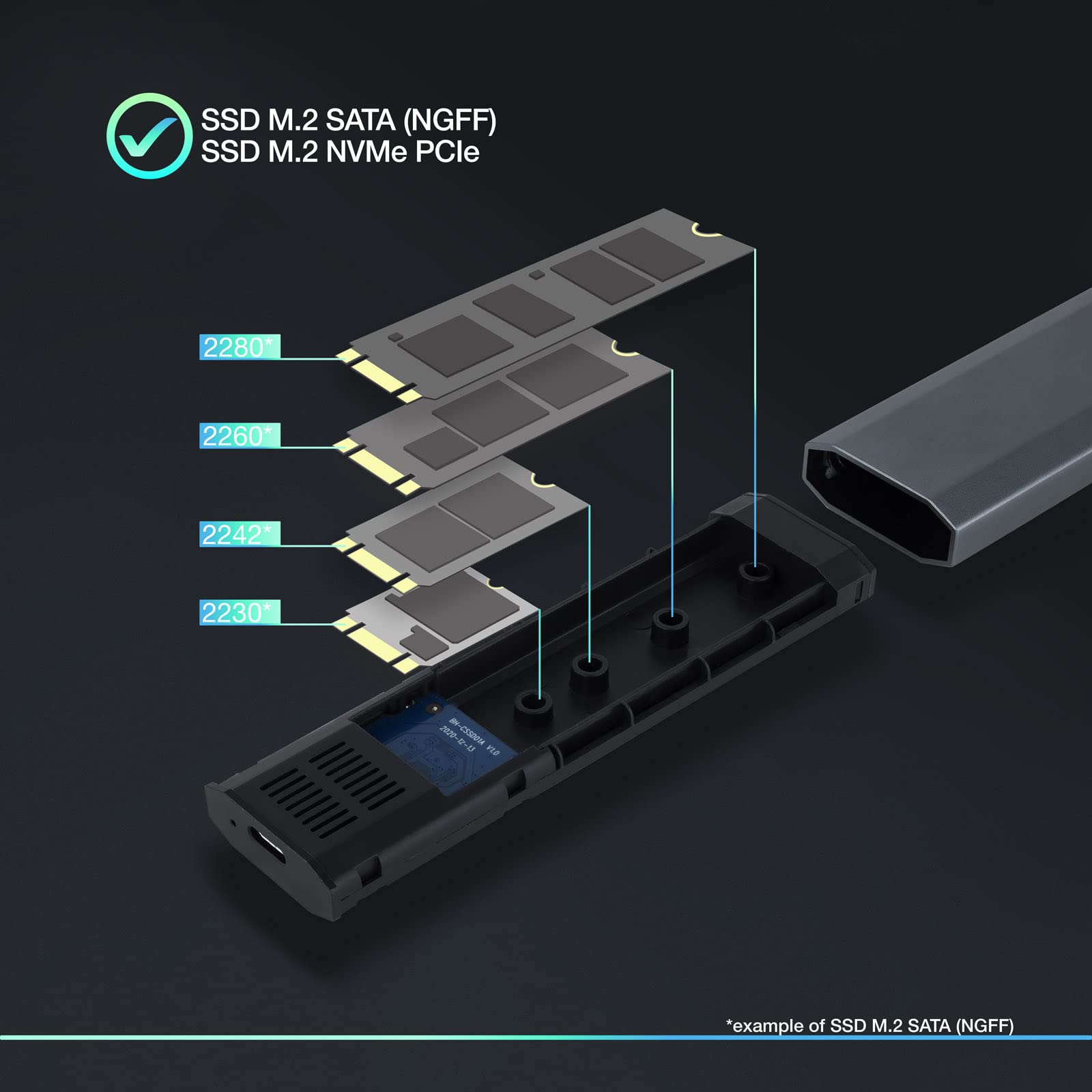 TOOQ TQE-2223G obudowa do dysku SSD M.2 NVMe PCIe, złącze USB-C (USB 3.1 Gen2 10 Gb/s), aluminium, łatwe otwieranie, kolor szary, 42 g.