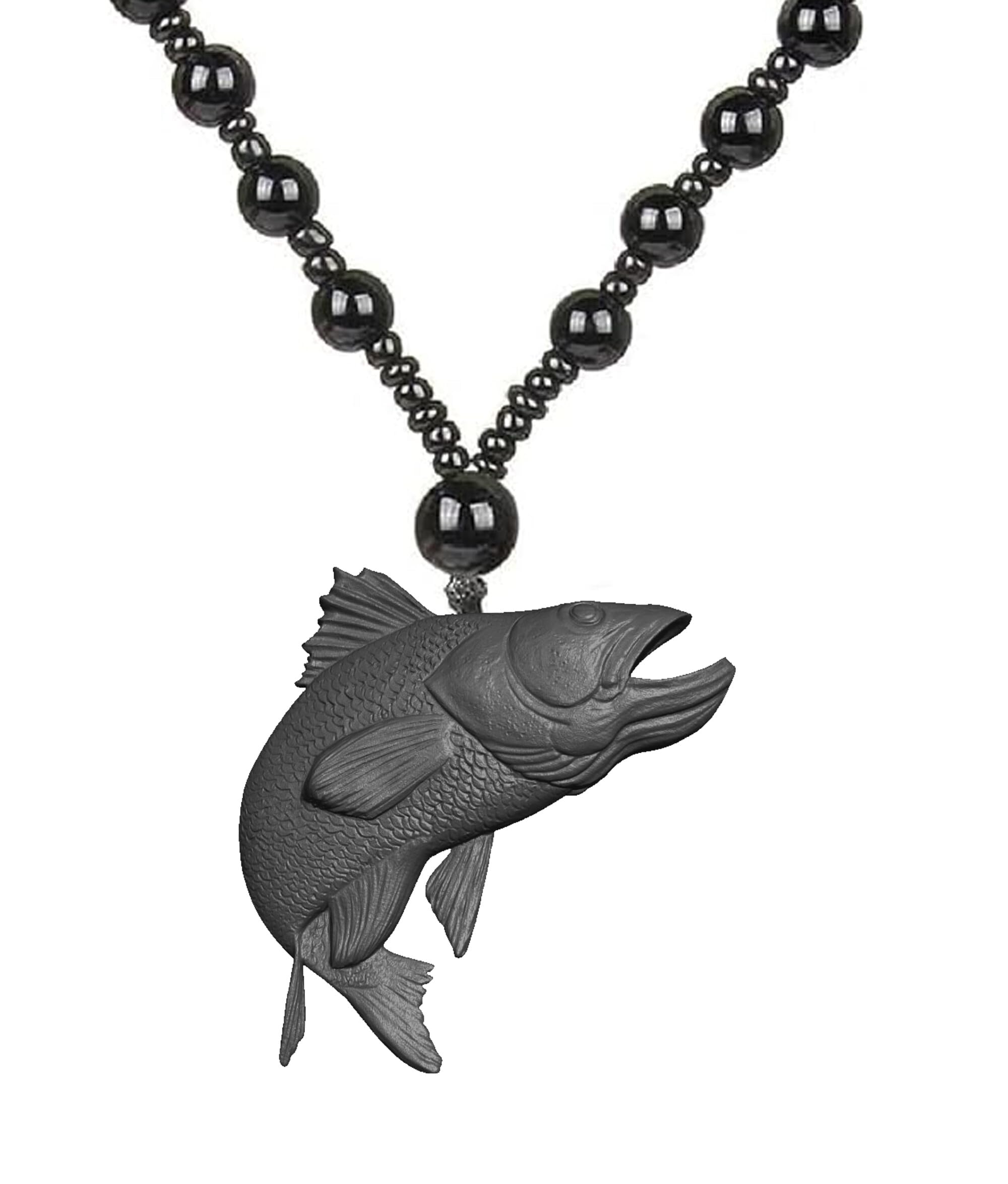 Salmon Necklace for Men Women Nature Inspired Black Beaded Chain Handmade Jewelry Gift for Fishermen Perseverance Symbol Outdoor Enthusiasts Adventure Pendant-image-4