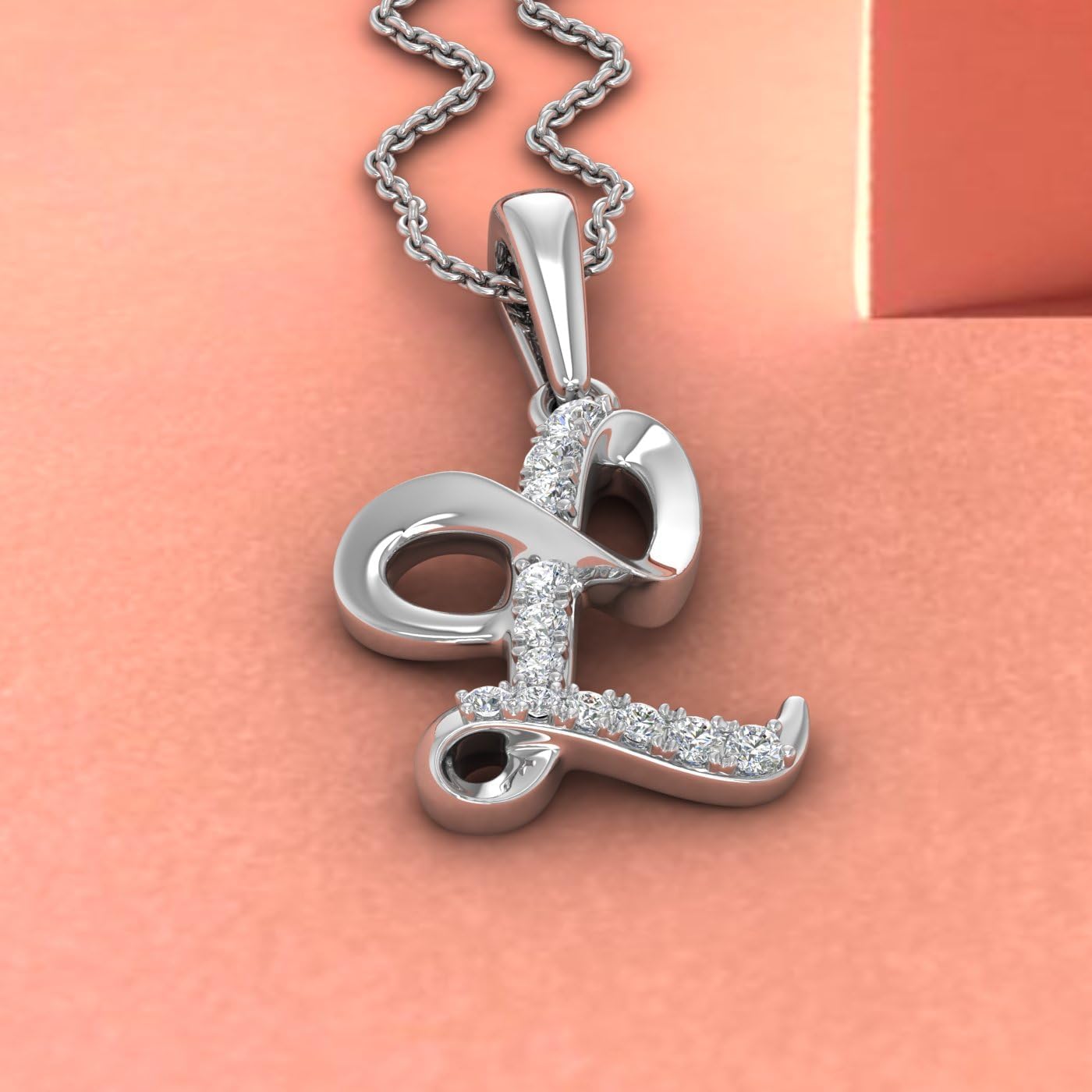 FINEROCK Diamond Initial Letter Pendant Necklace in 10K White Gold (with Silver Chain)