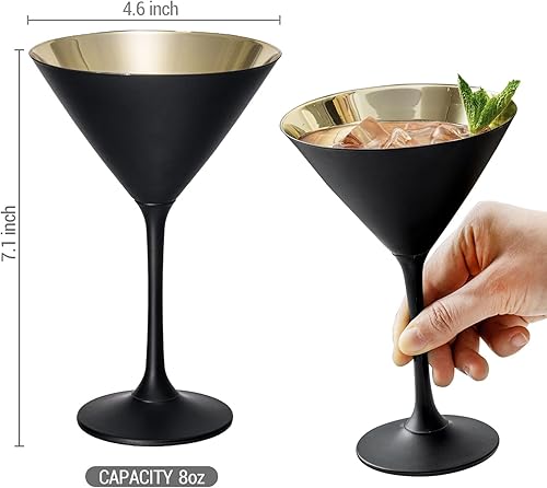 Miniatura 5 de MyGift Copas de Martini modernas de 8 onzas plateadas en tono negro mate y dorado metálico, vasos para beber para una fiesta de cóctel, boda o cena