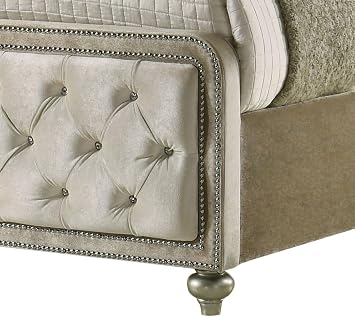 Beige Velvet Royal Bed Frame - Luxury Bed Frame with LED Light and Button Tufted Headboard & Footboard, Upholstered Unique Bed Frames with Nailhead Detail, Box Spring Required (Eastern King)