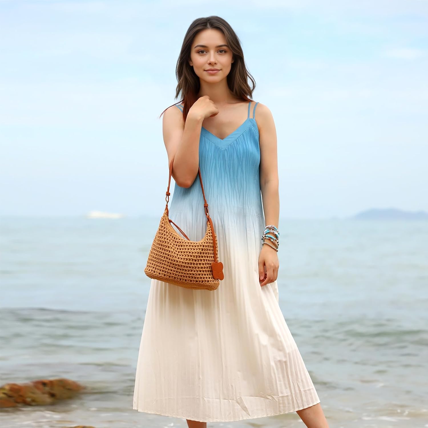 Women Handmade Crochet Hobo Purse Bag, Summer Beach Tote Bag, Knitted Vacation Travel Boho Bohemian Handbag 2026