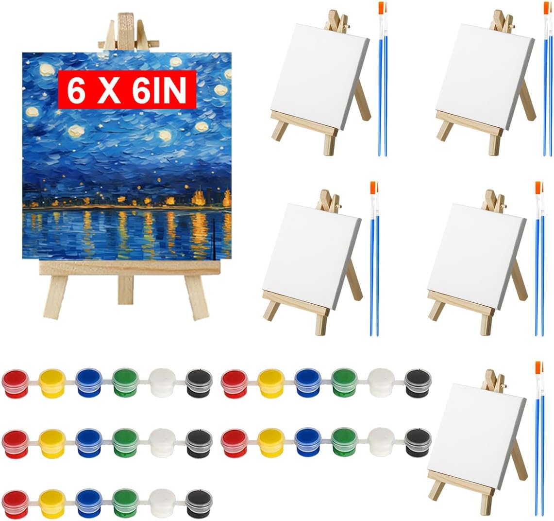 20 Pack 6 x 6 inch Mini Canvas and Easel Set, Mini Canvases for Painting with Wood Easels, Acrylic Paints, and Brushes, Small Canvas Painting Kits for Adults Students Beginners
